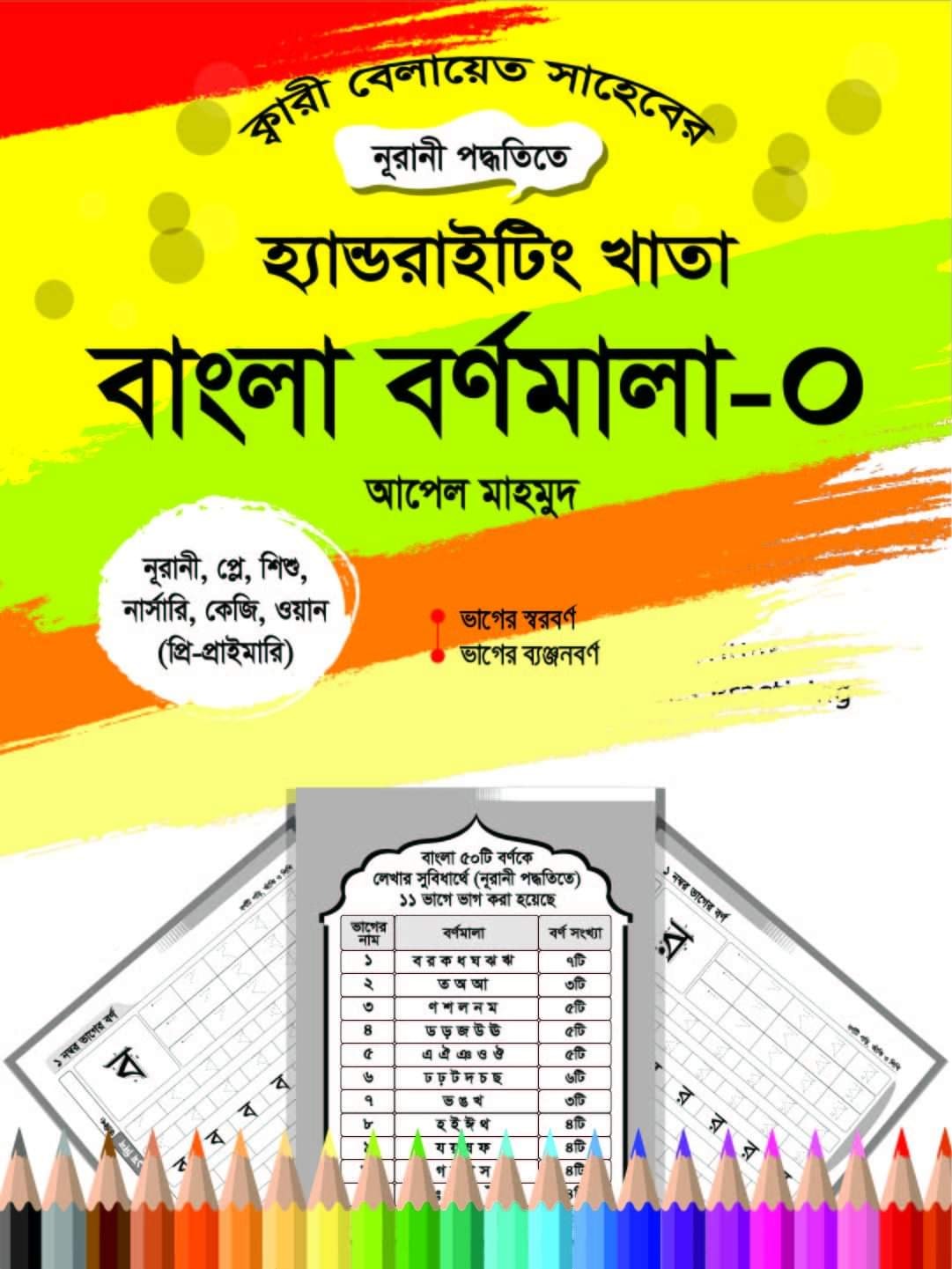 হ্যান্ডরাইটিং খাতা ( বর্ণ দিয়ে ৬টি খাতাঃ  Nurani, Play, Baby, Nursary, KG, One, প্রি-প্রাইমারি - শ্রেণির জন্য ) - 1.  বাংলা বর্ণমালা  2.  বাংলা বর্ণমালা-০  3.  ইংরেজি বর্ণ  4.  গণিত সংখ্যা  5.  আরবি হ
